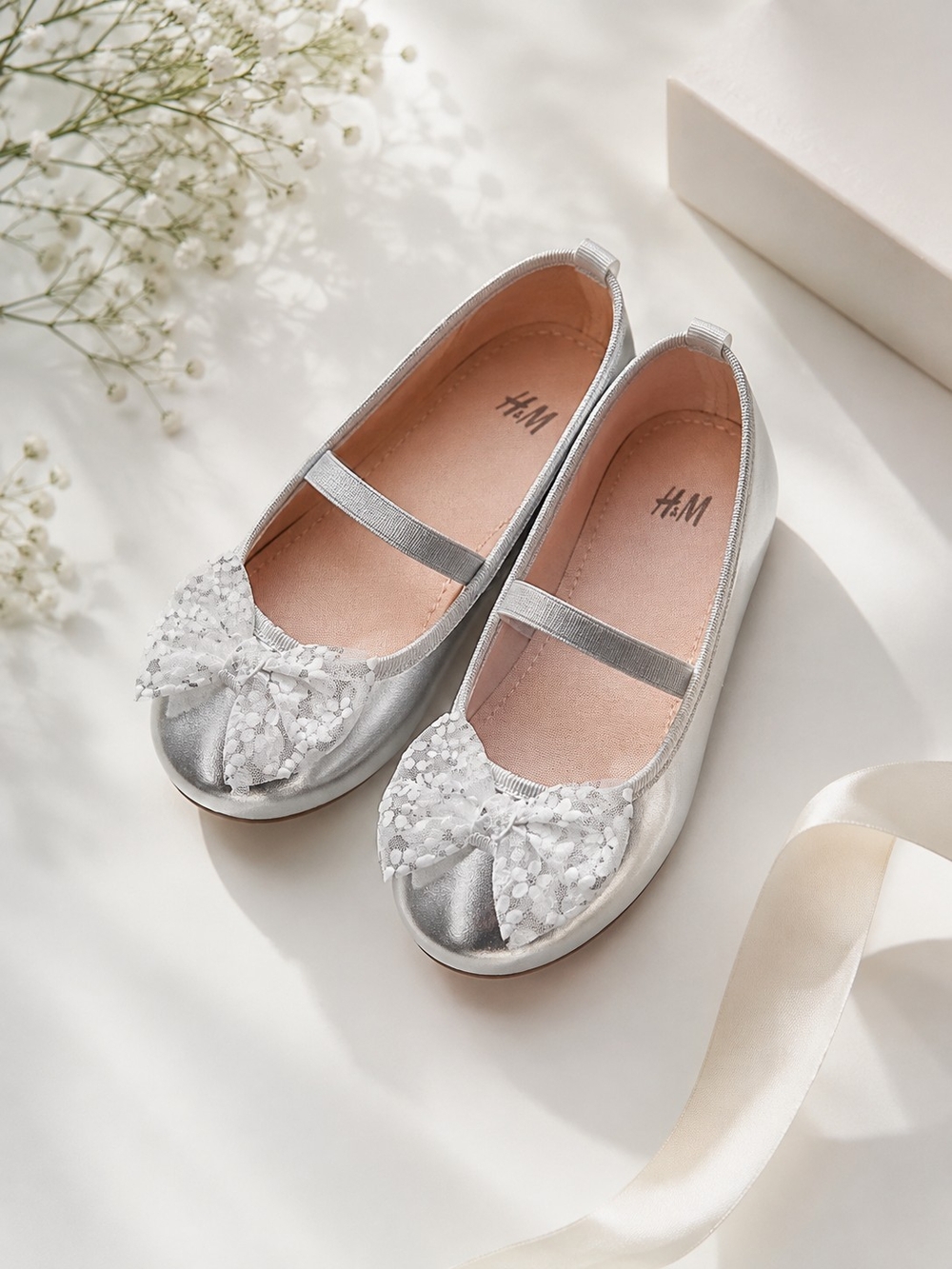 H&M Silver Girls' Mary Jane Flats with Lace Bow Accent